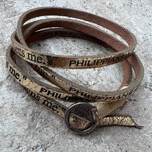 Good Works leather wrap bracelet metallic gold Philippians 4:13 Bible faith